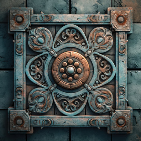 3d render of metal plate with ornament on a wood wall background, ancient ornament pattern, aztec maya incas ornament on stone, handmadeの素材