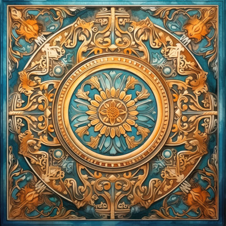 Vintage floral ornament on blue background. 3D rendering. Computer digital drawing, ancient ornament pattern, handmadeの素材
