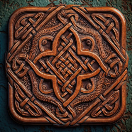 Carved wooden ornament on the wall of the house. Abstract background, ancient ornament pattern, celtic vikings knots ornament on leather, handmadeの素材