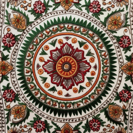 Detail of a traditional Turkish hand painted ceramic vase in Istanbul, Turkey, ancient ornament pattern, handmade, embroidered on fabricの素材