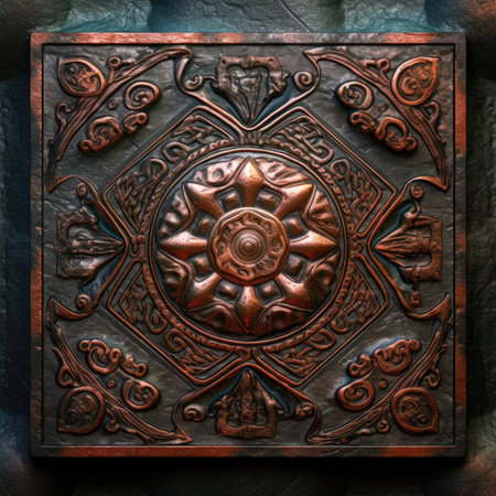 Luxuriously illustrated old wooden shield with a floral pattern, ancient ornament pattern, celtic vikings knots ornament on leather, handmadeの素材