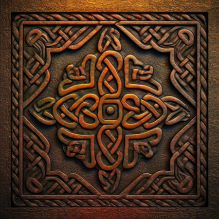 Celtic ornament on metal background. 3D illustration. Vintage style, ancient ornament pattern, celtic vikings knots ornament on leather, handmadeの素材