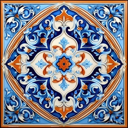 Blue and orange ceramic tile with oriental floral ornament. Computer generated graphics, ancient ornament pattern, handmadeの素材