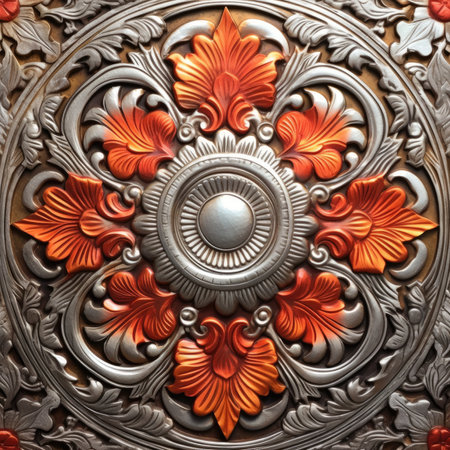 Carved metal plate with ornament close-up. Abstract background, ancient ornament pattern, handmadeの素材