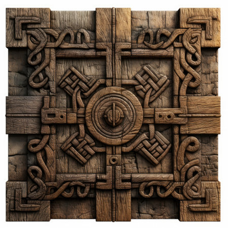 3d illustration of old wood texture background with knots and bolts, ancient ornament pattern, celtic vikings knots ornament on leather, handmadeの素材