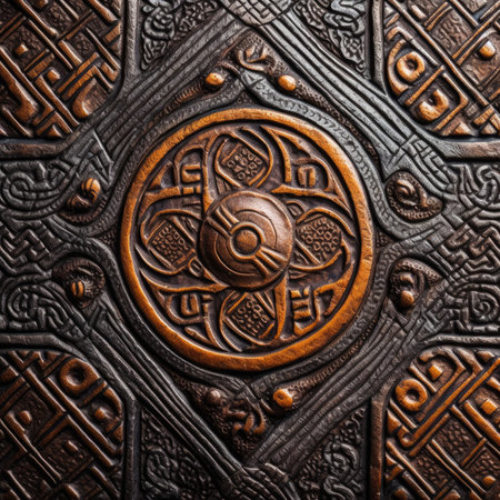 Vintage metal door knocker on wooden door. Grunge background, ancient ornament pattern, celtic vikings knots ornament on leather, handmadeの素材