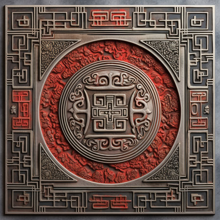 3d illustration of Chinese traditional pattern on metal plate, closeup, ancient ornament pattern, handmadeの素材