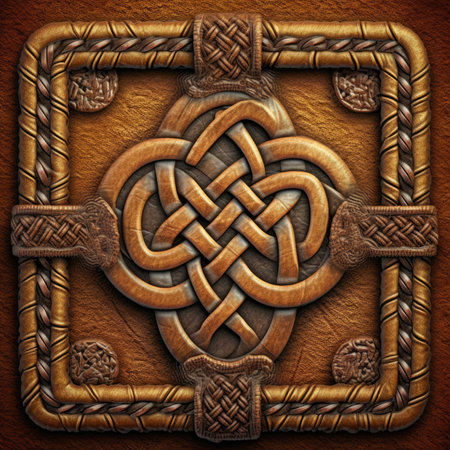 celtic pattern on a leather background. 3D illustration, ancient ornament pattern, celtic vikings knots ornament on leather, handmadeの素材