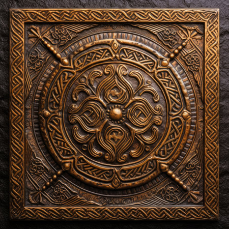 Wooden carved ornament on the wall. Background and texture for design, ancient ornament pattern, celtic vikings knots ornament on leather, handmadeの素材