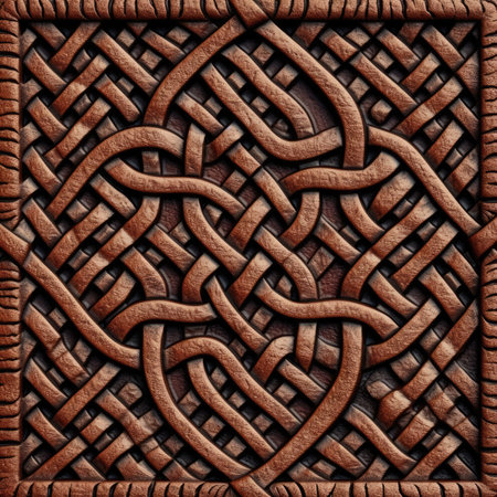 3D render of wood background tile with embossed pattern on it, ancient ornament pattern, celtic vikings knots ornament on leather, handmadeの素材