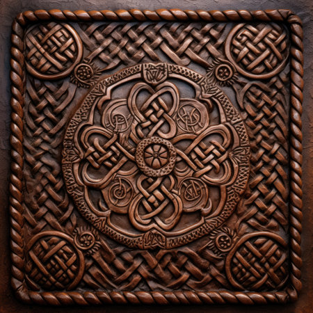 celtic ornament on the skin of the carvings close up, ancient ornament pattern, celtic vikings knots ornament on leather, handmadeの素材