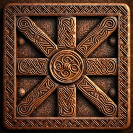 iron ornament on the wall made in 3D graphics, excellent background, ancient ornament pattern, celtic vikings knots ornament on leather, handmadeの素材