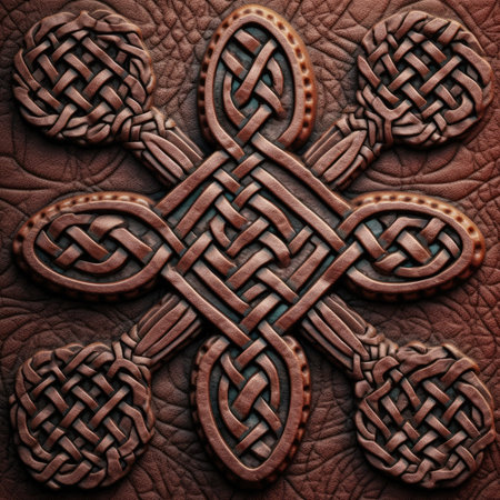 Celtic pattern on brown leather background. 3D illustration, ancient ornament pattern, celtic vikings knots ornament on leather, handmadeの素材