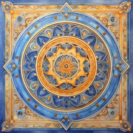 Mandala with ornament on a blue background. 3d illustration, ancient ornament pattern, handmadeの素材