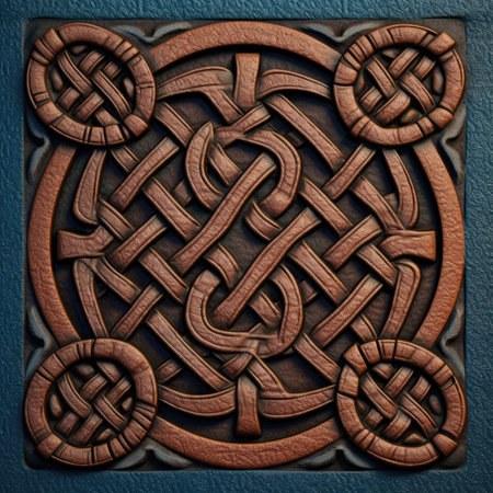 3D render of a Celtic ornament on a metal surface with a pattern, ancient ornament pattern, celtic vikings knots ornament on leather, handmadeの素材