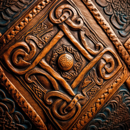 Wooden texture with decorative elements. close-up. Selective focus, ancient ornament pattern, celtic vikings knots ornament on leather, handmadeの素材