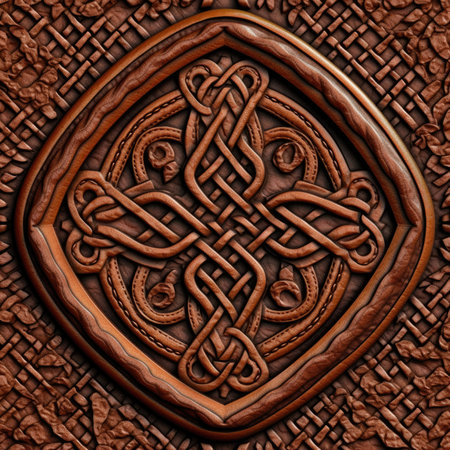 3D render of plastic background tile with embossed ornament on leather, ancient ornament pattern, celtic vikings knots ornament on leather, handmadeの素材
