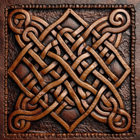 Old metal background with embossed pattern. 3d illustration, ancient ornament pattern, celtic vikings knots ornament on leather, handmadeの素材