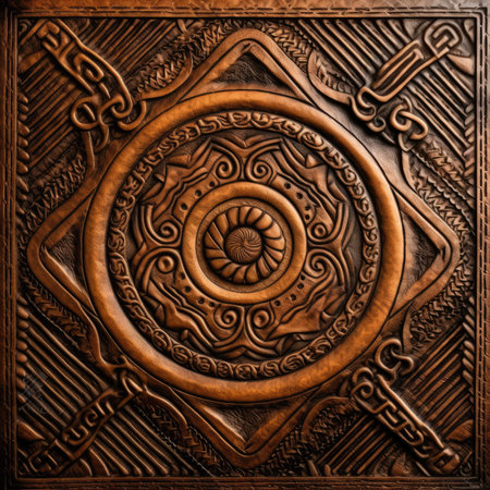 Wooden carving on the wall. 3d illustration. Background, ancient ornament pattern, celtic vikings knots ornament on leather, handmadeの素材