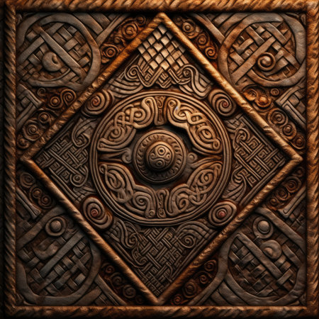 3D illustration of metal background with embossed pattern on wood, ancient ornament pattern, celtic vikings knots ornament on leather, handmadeの素材