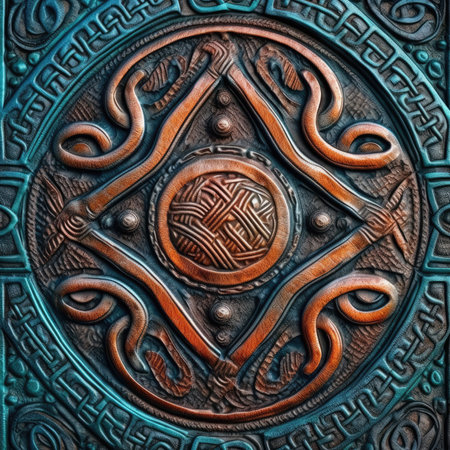 Metal texture with ornament in the form of square tiles. Background, ancient ornament pattern, celtic vikings knots ornament on leather, handmadeの素材
