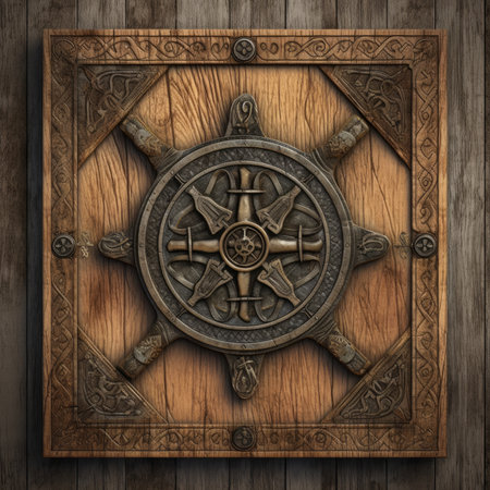 wooden shield with steering wheel on a wooden background. 3d rendering, ancient ornament pattern, celtic vikings knots ornament on leather, handmadeの素材