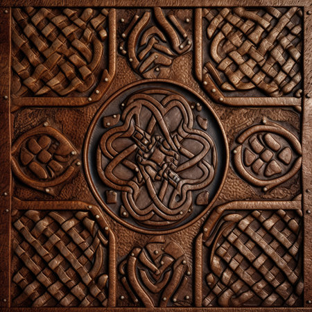 Closeup detail of a brown leather texture background with decorative ornaments, ancient ornament pattern, celtic vikings knots ornament on leather, handmadeの素材