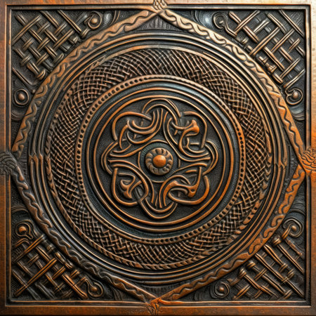 3D rendering of metal background with embossed pattern on it, ancient ornament pattern, celtic vikings knots ornament on leather, handmadeの素材