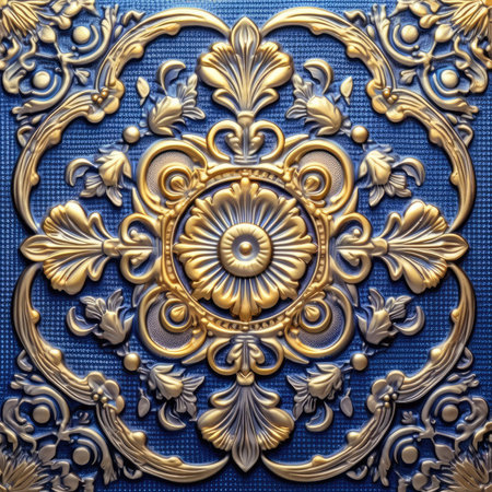 Ornament in the form of a circle on a blue background, ancient ornament pattern, handmadeの素材