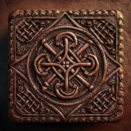 celtic ornament on a leather background. 3d illustration, ancient ornament pattern, celtic vikings knots ornament on leather, handmadeの素材