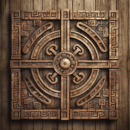 3d rendering of a wooden wall background with metal ornament in it, ancient ornament pattern, celtic knots ornament on wood and metal, handmadeの素材