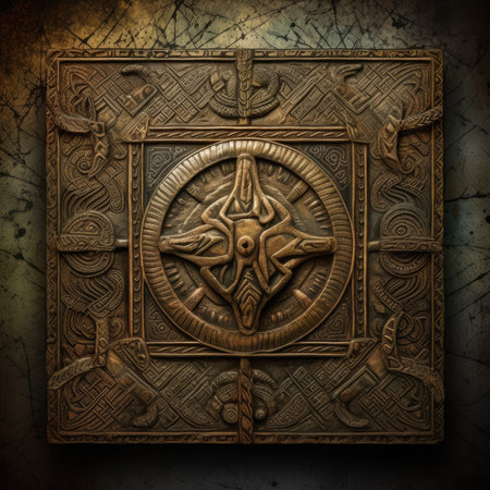 Bronze metal ornament on a grunge background. 3d rendering, ancient ornament pattern, celtic knots ornament on wood and metal, handmadeの素材
