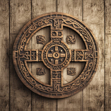 Wooden cross on old wooden background. 3D illustration. Vintage style, ancient ornament pattern, celtic knots ornament on wood and metal, handmadeの素材