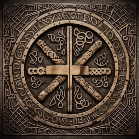 3D illustration of a wooden ornament on the wall as a background, celtic knots ornament on wood and metal, handmadeの素材