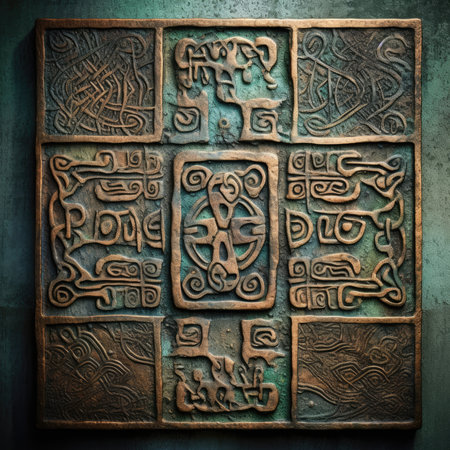 Old metal background with embossed ethnic ornament. 3d illustration, celtic knots ornament on wood and metal, handmadeの素材