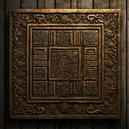 3d rendering of an ancient ornament on a wooden wall in a room, celtic knots ornament on wood and metal, handmadeの素材
