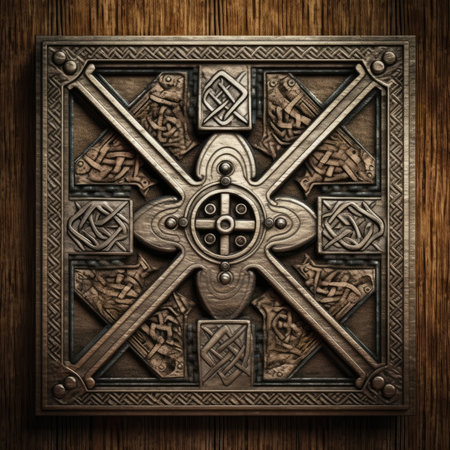 iron ornament on the wall in the form of a cross. 3d illustration, celtic knots ornament on wood and metal, handmadeの素材