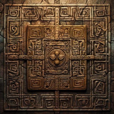 3d illustration of embossed Egyptian ornament on stone wall backgroundの素材