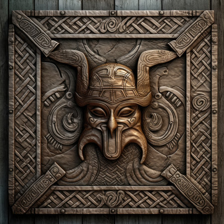 3d illustration of a wooden shield with a viking helmet on a wooden background, ancient ornament pattern, celtic knots ornament on wood, handmadeの素材