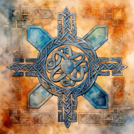 Ancient Greek ornament on abstract watercolor background. Digital art painting., ancient ornament pattern, celtic knots ornament, handmadeの素材