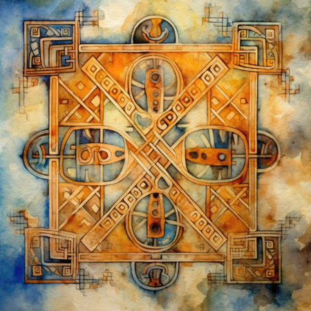Grunge watercolor background with ancient greek symbols and ornament.の素材