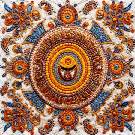 Closeup detail of colorful ornamental mandala pattern. Abstract decorative background, ancient ornament pattern, handmade, embroidered on fabricの素材