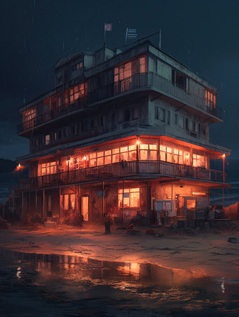 Night scene of a building with reflection in the water, 3d renderの素材