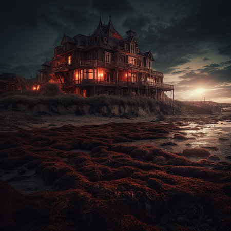 Abandoned house on the beach at night. 3D renderingの素材