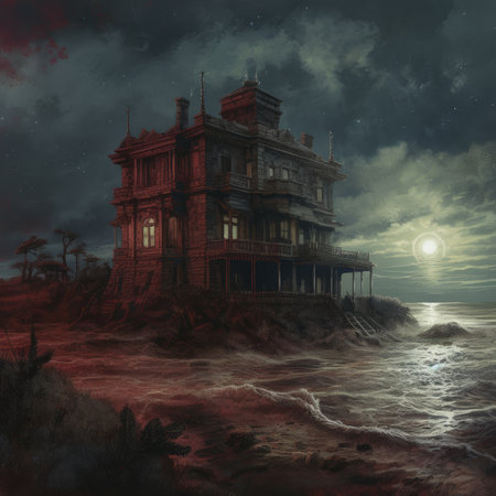 Fantasy landscape with old wooden house on the seashore.の素材