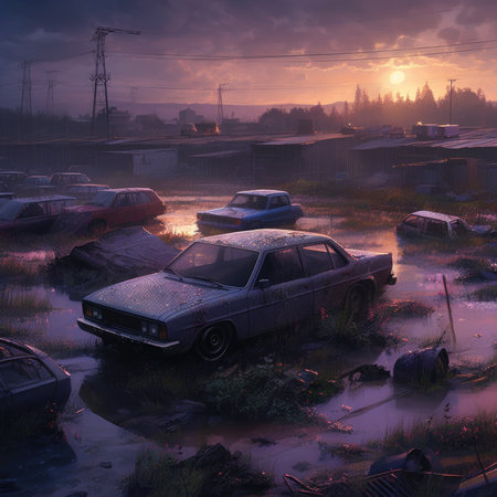 Abandoned cars in a puddle after a flood at sunset, steampunk landscape, atmospheric fantary artの素材