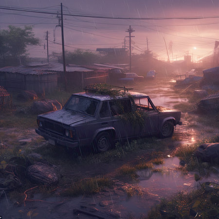 Abandoned car in the middle of the road during a flood, steampunk landscape, atmospheric fantary artの素材
