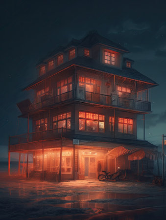 Old wooden house in the dark at night. Digital painting illustration, steampunk landscape, atmospheric fantary artの素材