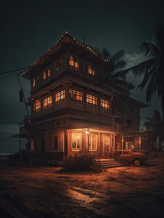 Old house at night in Thailand. vintage style. Toned, steampunk landscape, atmospheric fantasy artの素材