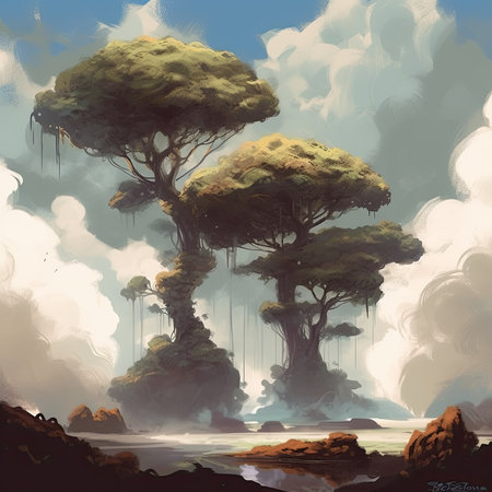 Fantasy landscape with a big tree on the seashore, steampunk landscape, atmospheric fantary artの素材